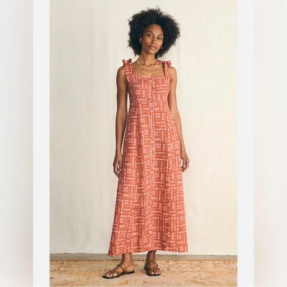 *NWT* Faherty Women's S Anna Kahalekulu Kendall Orange 100% Linen Maxi Sundress - Picture 1 of 16